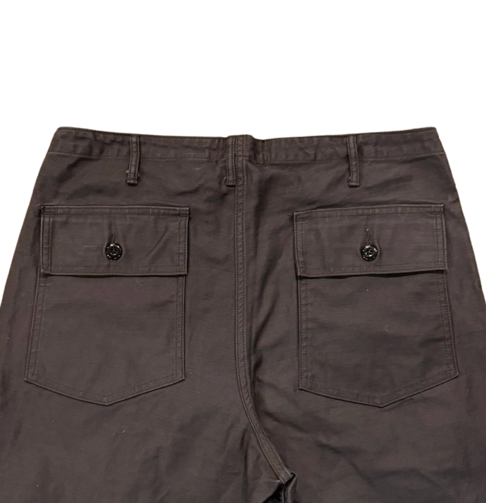 107 60's era GI chinos in 12 oz faded slate Baker Back Cotton Satin.