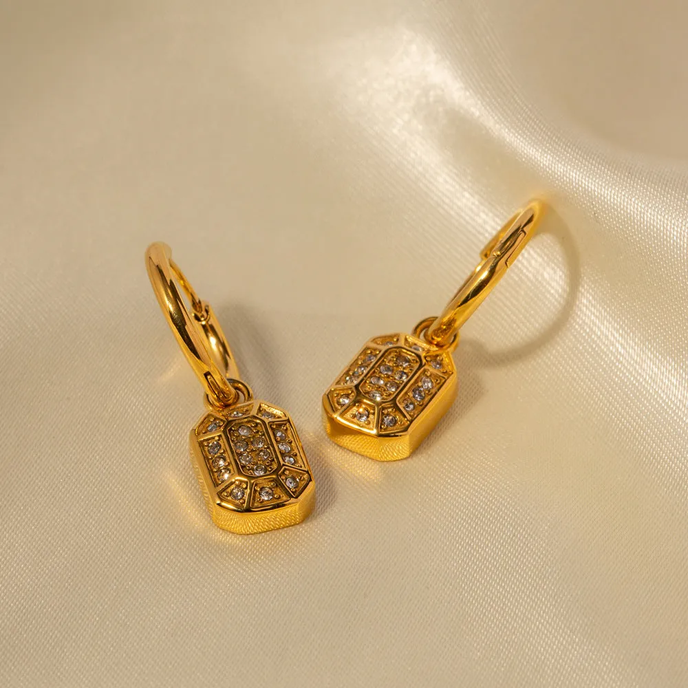 18K Gold Fashion Simple Square Diamond Pendant Design Versatile Earrings