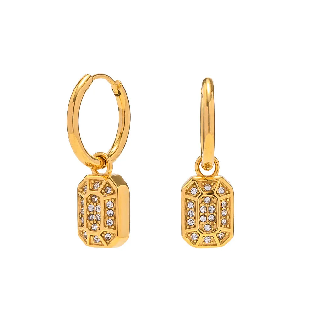 18K Gold Fashion Simple Square Diamond Pendant Design Versatile Earrings