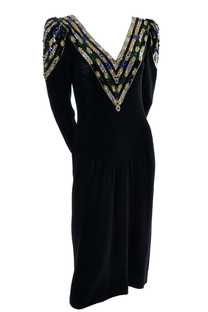 1980s Lillie Rubin Vintage Black Knit Dress Gorgeous Beading Made in USA