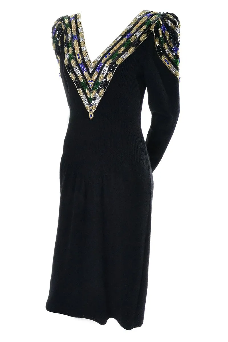 1980s Lillie Rubin Vintage Black Knit Dress Gorgeous Beading Made in USA