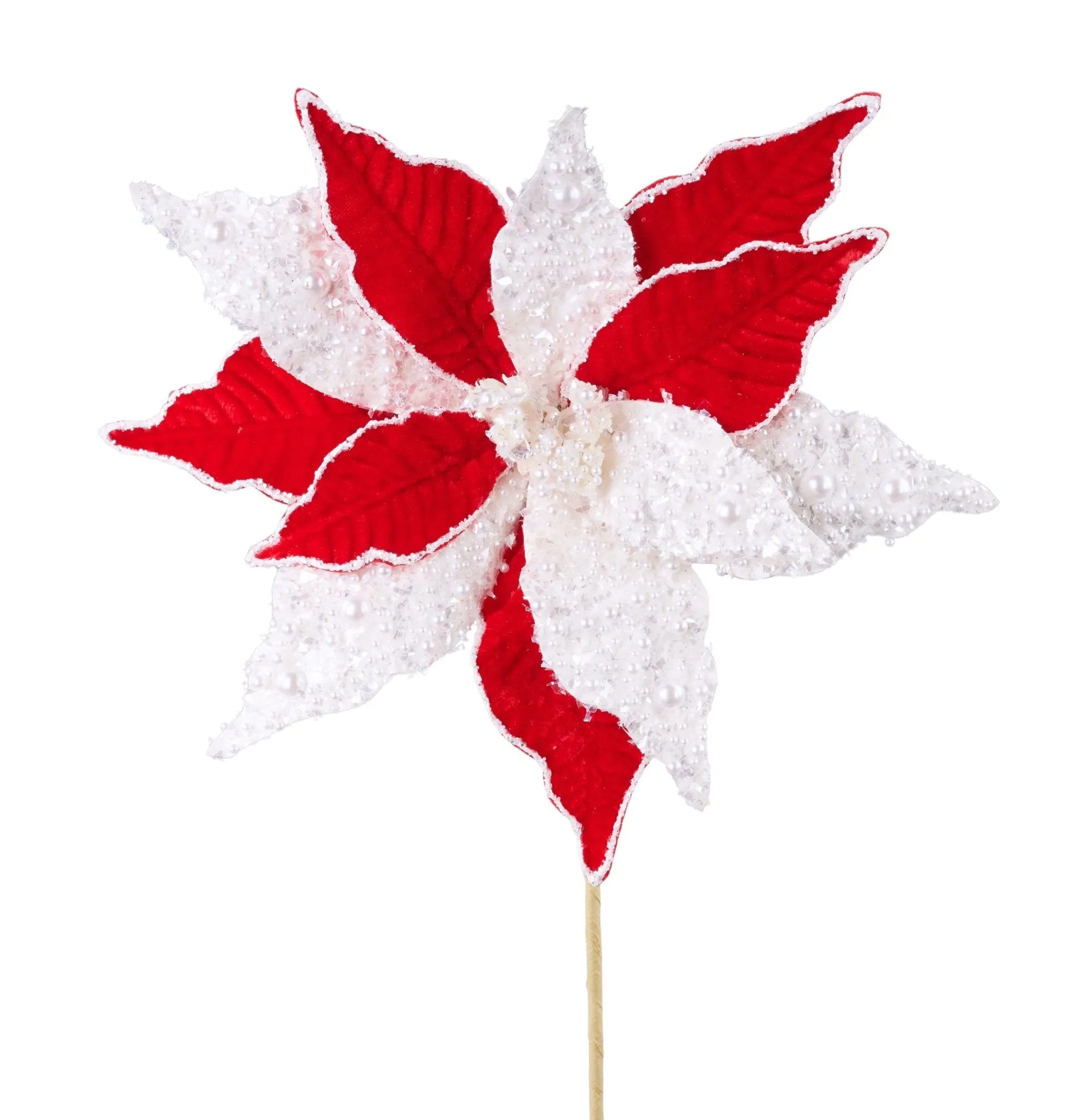 20" Red/White Velvet Glitter Poinsettia