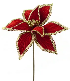 21" Velvet Bead Poinsettia Pick: Red/Gold