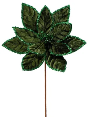 24" Sequin Edge Velvet Poinsettia Stem: Emerald Green