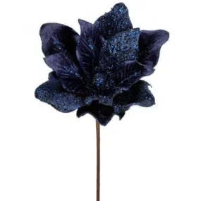 24" Velvet/Bead/Glitter Magnolia Stem: Midnight Blue