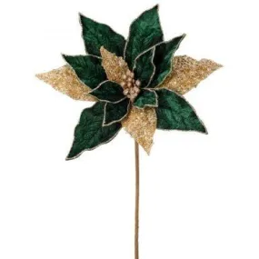 24" Velvet/Glitter Poinsettia Stem: Green/Gold