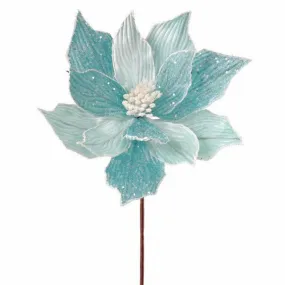 24" Velvet/Glitter Poinsettia Stem: Ice Blue