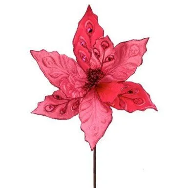 24" Velvet/Sequin Poinsettia Stem: Hot Pink