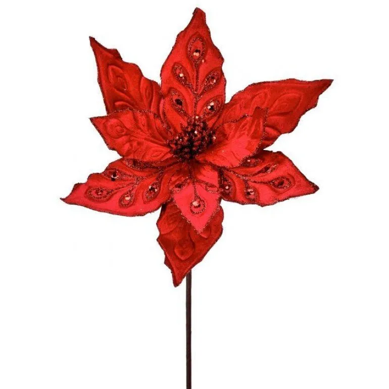 24" Velvet/Sequin Poinsettia Stem: Red