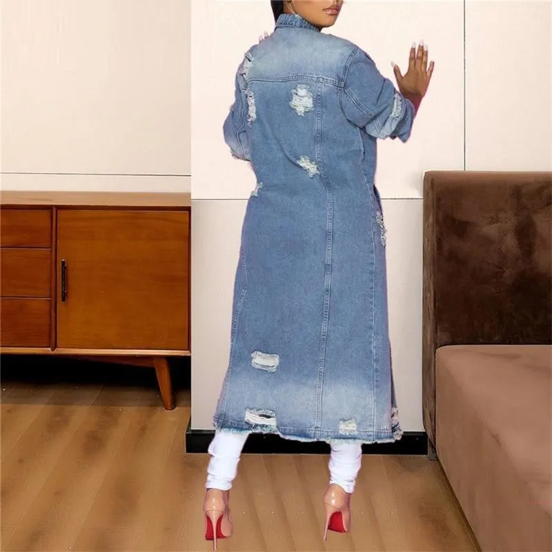 2XL Ripped Hole Blue Denim Trench Coat Turn Down Collar Long Sleeve Full Length Plus Size Women