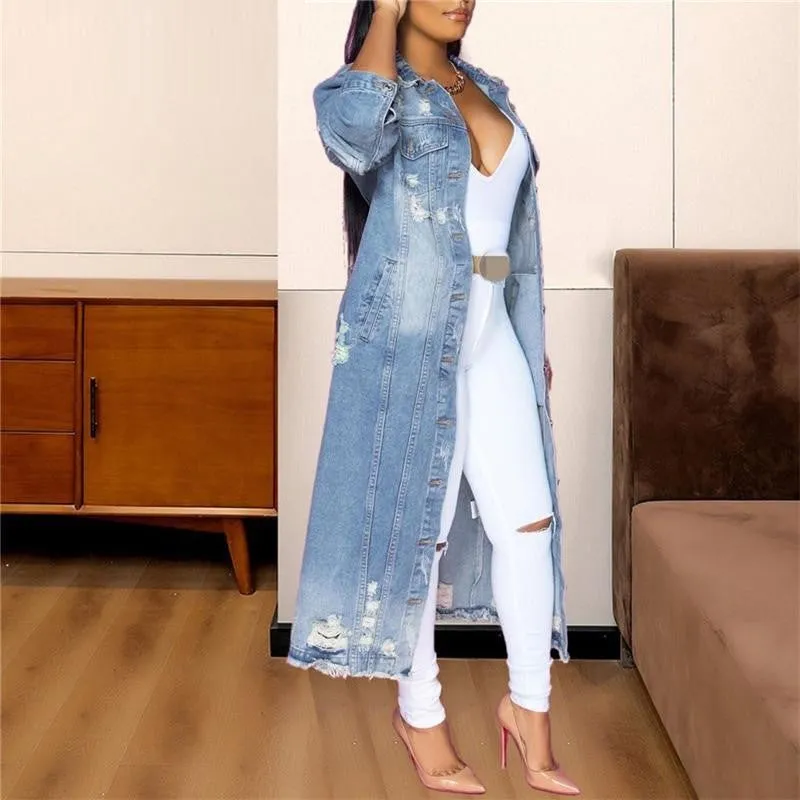 2XL Ripped Hole Blue Denim Trench Coat Turn Down Collar Long Sleeve Full Length Plus Size Women