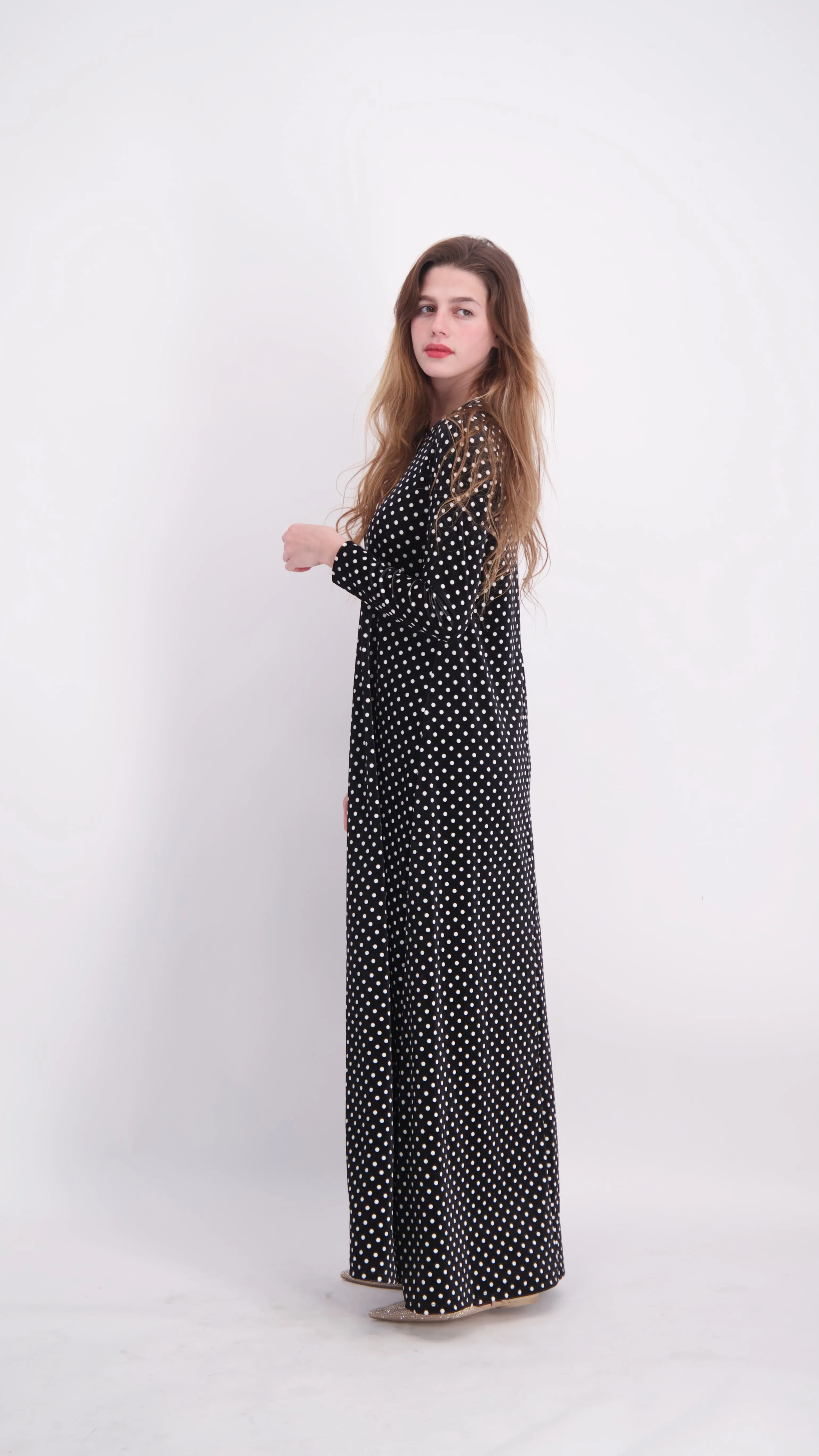 A-line Maxi Velvet Dress / Black Polka Dot