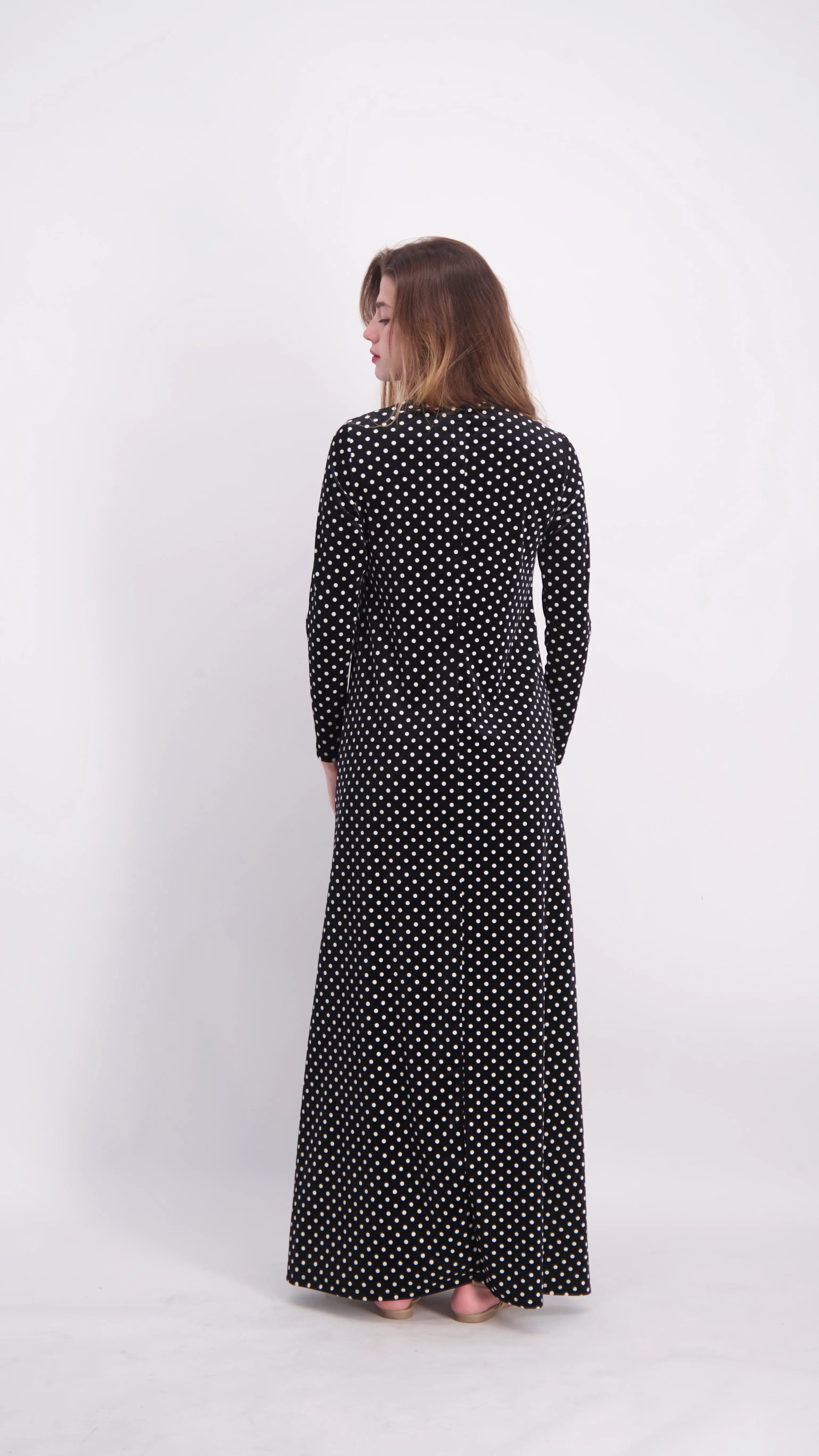 A-line Maxi Velvet Dress / Black Polka Dot