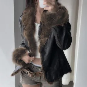 American Street Loose Fur Collar Leather Coat