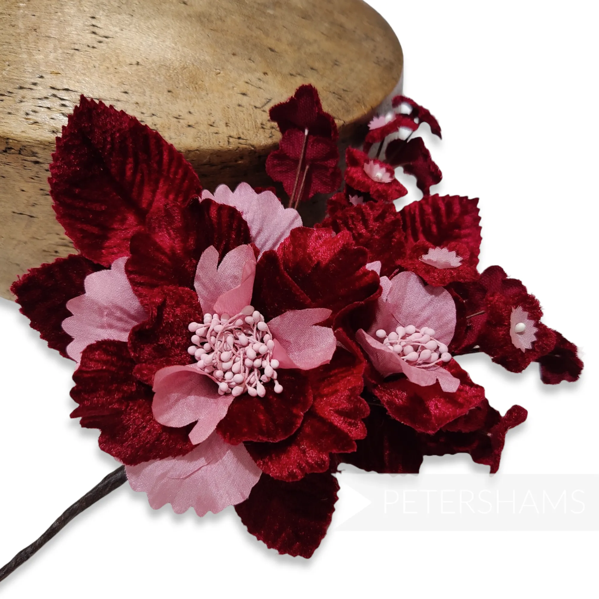 'Amoura' Velvet Flower with Mini Blooms and Leaves Hat Mount