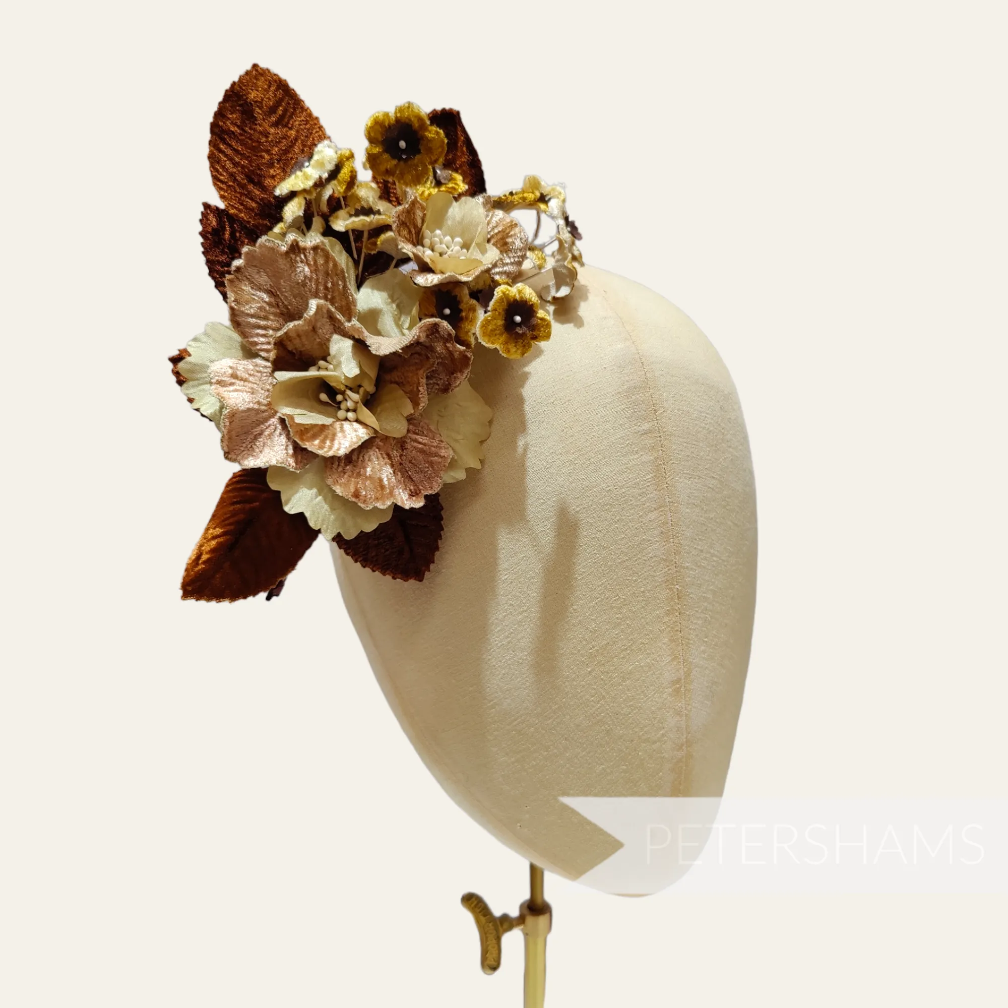 'Amoura' Velvet Flower with Mini Blooms and Leaves Hat Mount