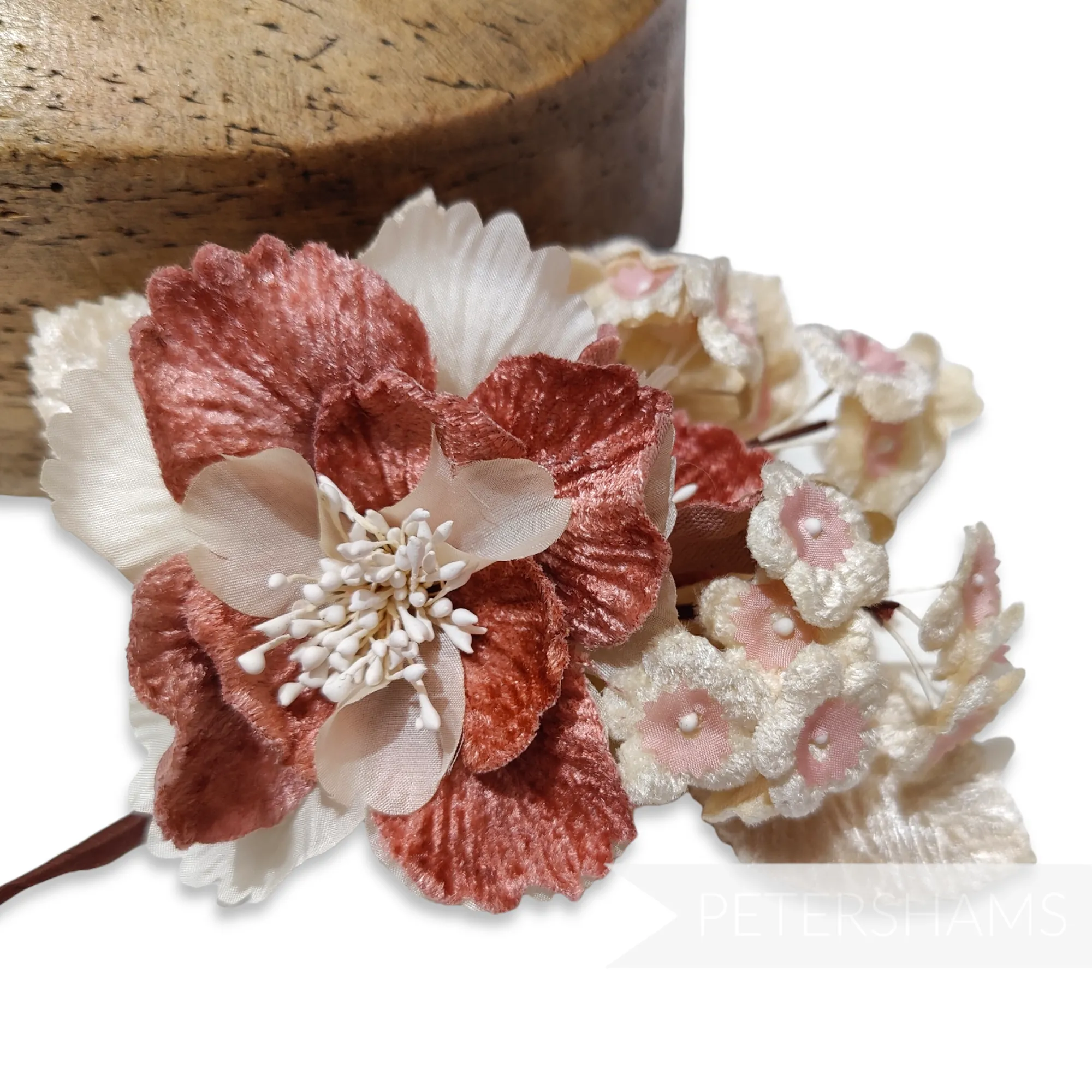 'Amoura' Velvet Flower with Mini Blooms and Leaves Hat Mount