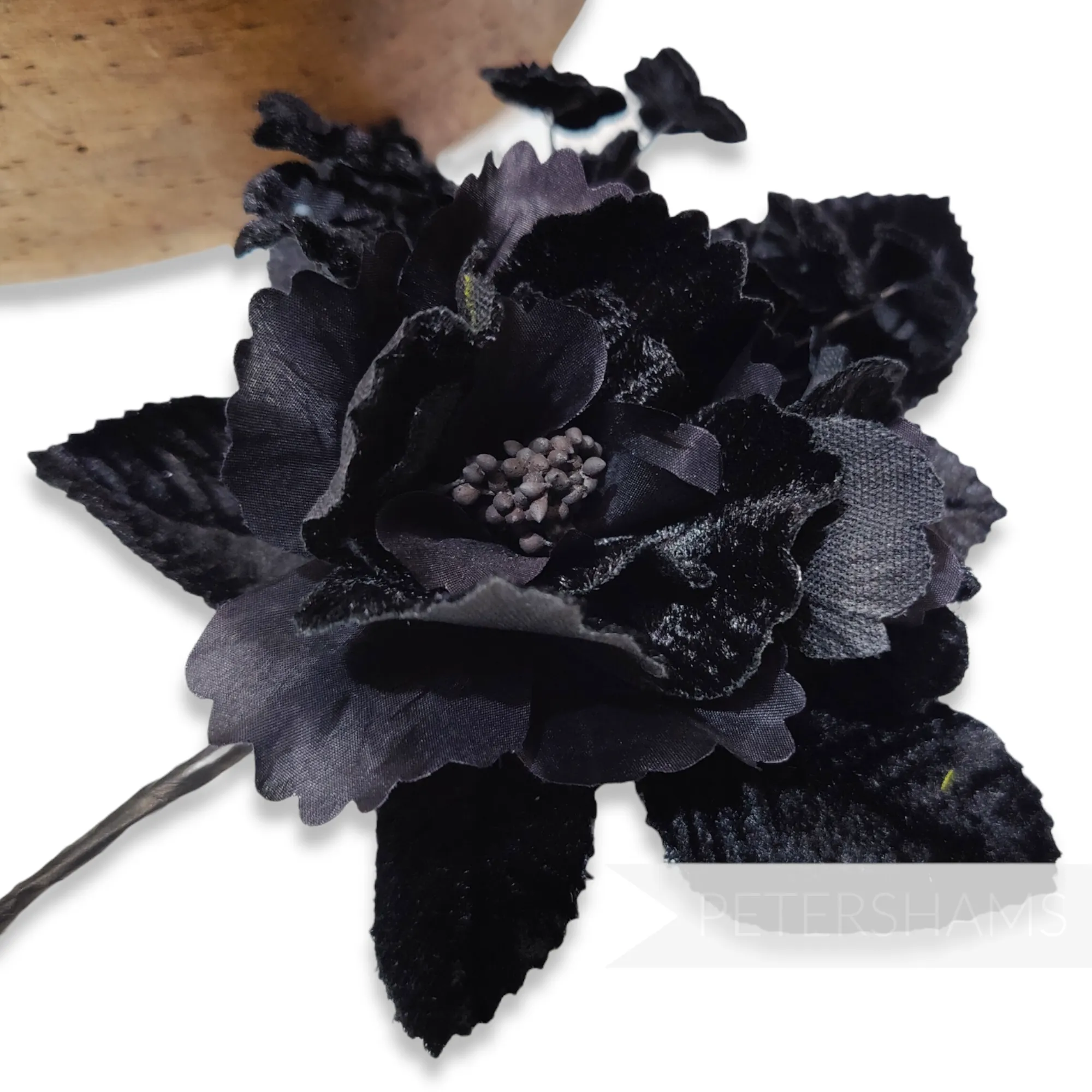 'Amoura' Velvet Flower with Mini Blooms and Leaves Hat Mount