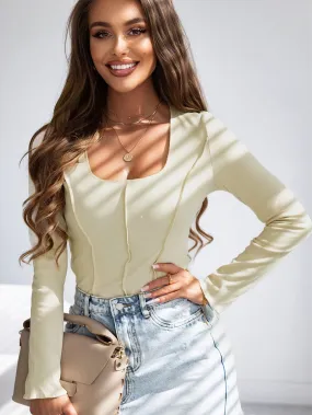 Apricot Scoop Neck Sheath Long Sleeve Bodysuit