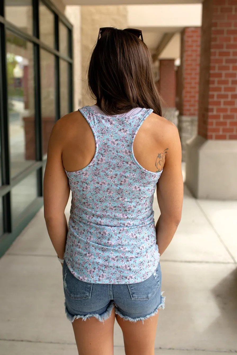 Aqua Blue Floral Racerback Tank (SM-XL)