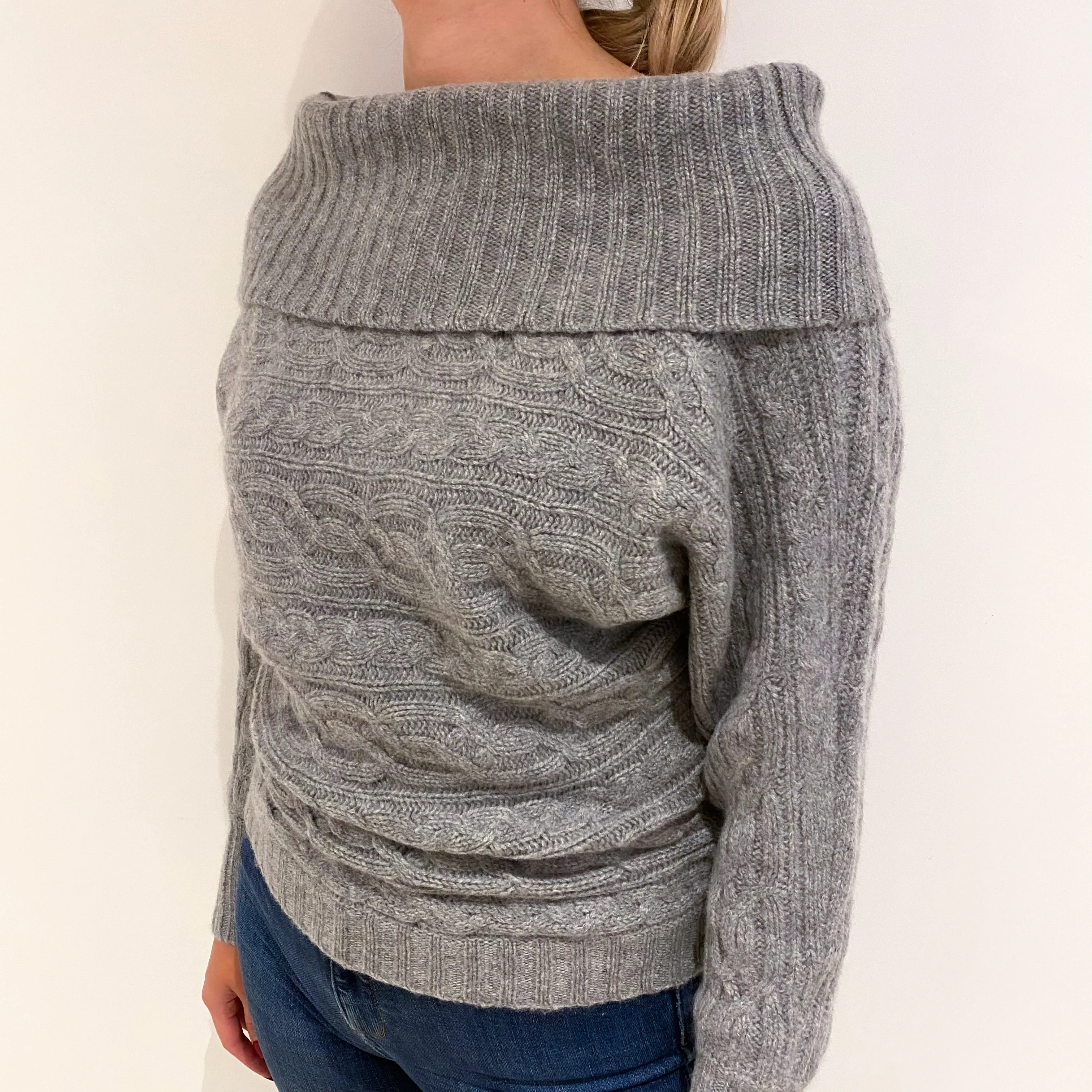 Ash Grey Cable Cashmere Off Shoulder Batwing Jumper Small