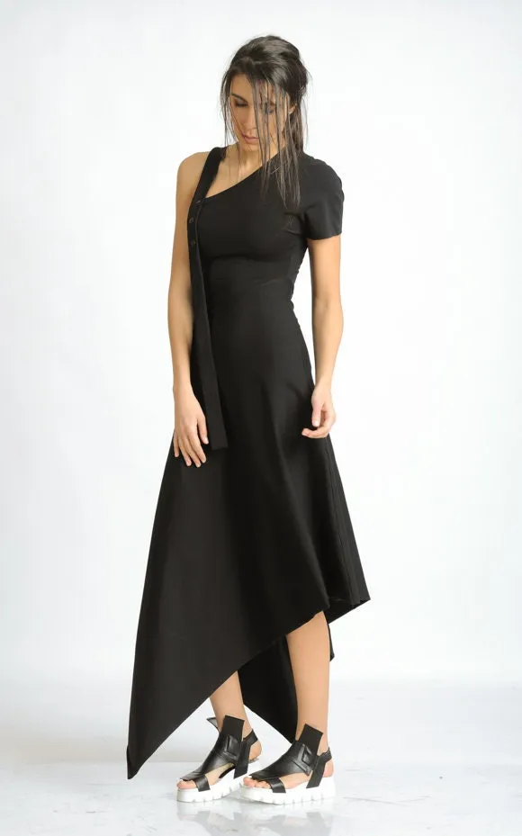 Asymmetric Cotton Black Dress