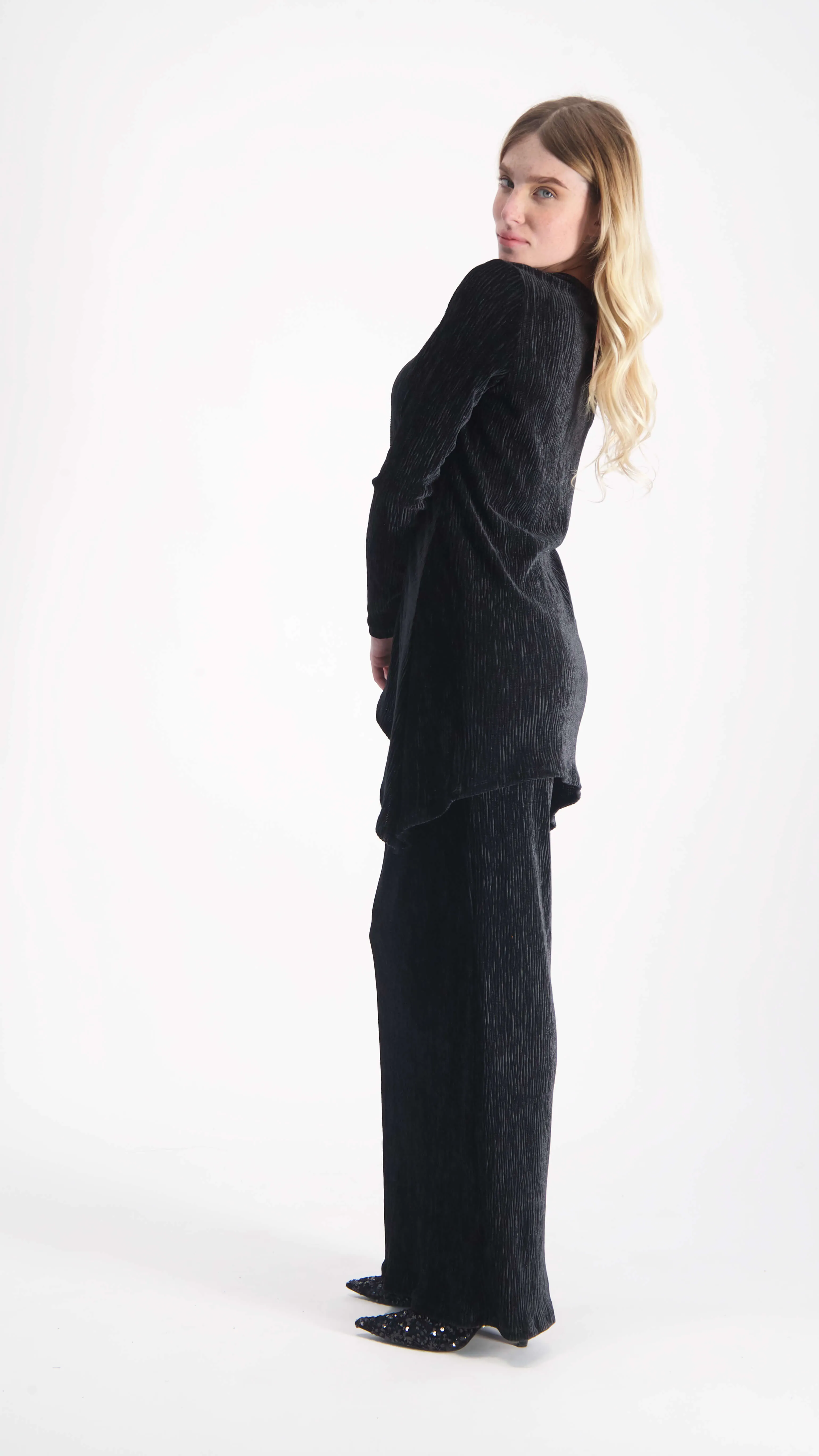 Asymmetric Ribbed Velvet Set / Black