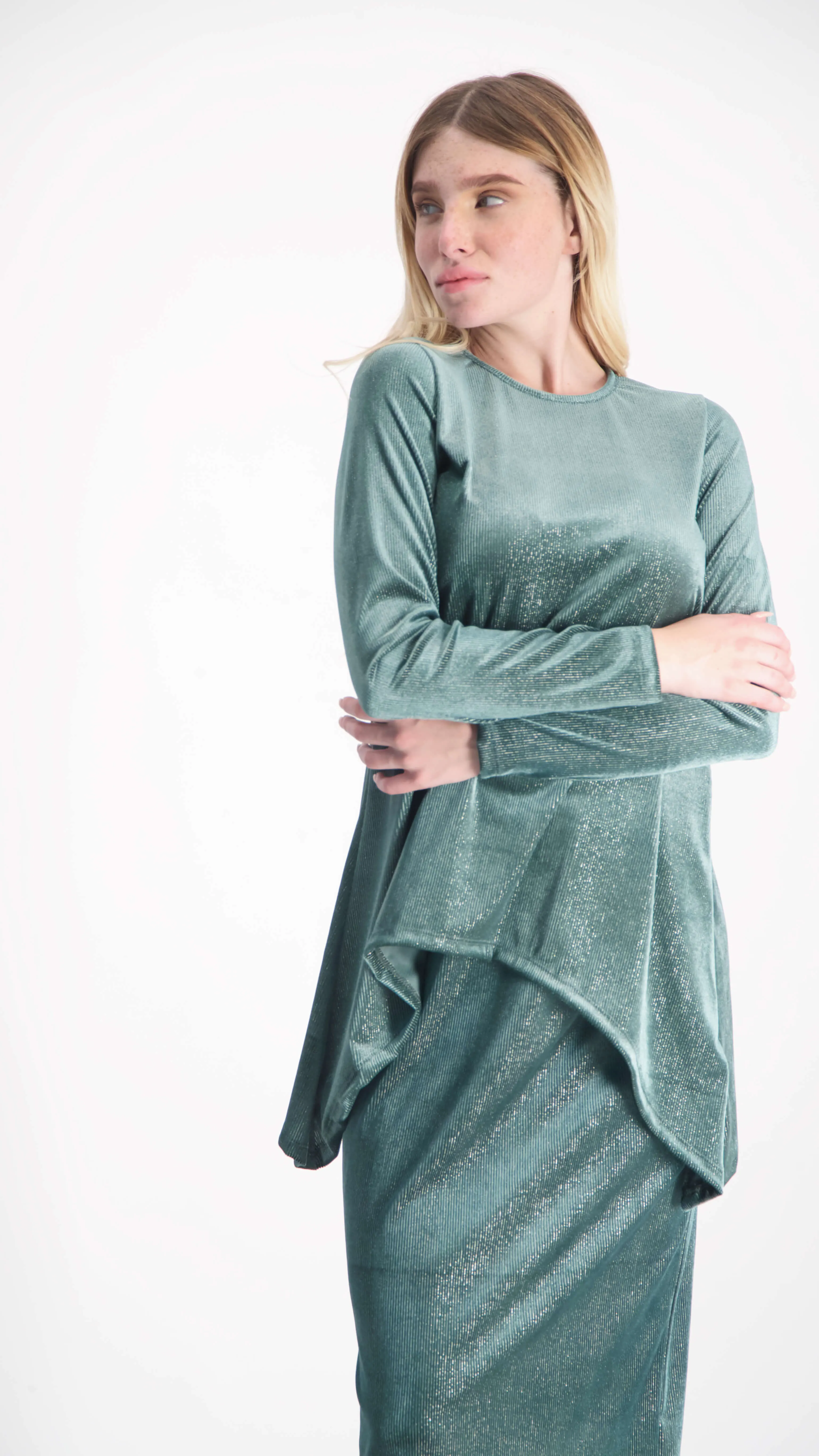 Asymmetric Ribbed Velvet Set / Green & Silver Line