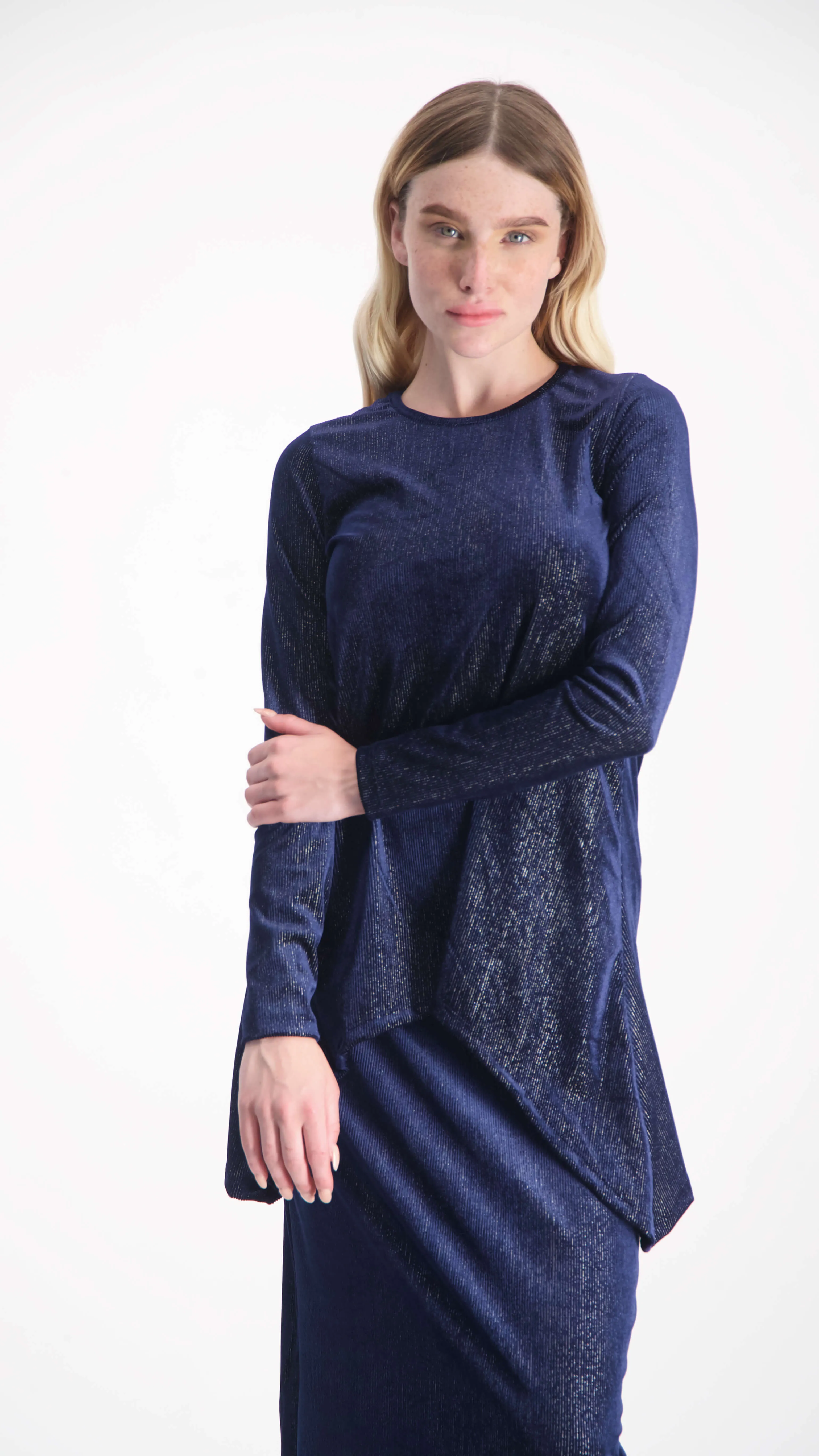 Asymmetric Ribbed Velvet Set / Navy & Silver Line