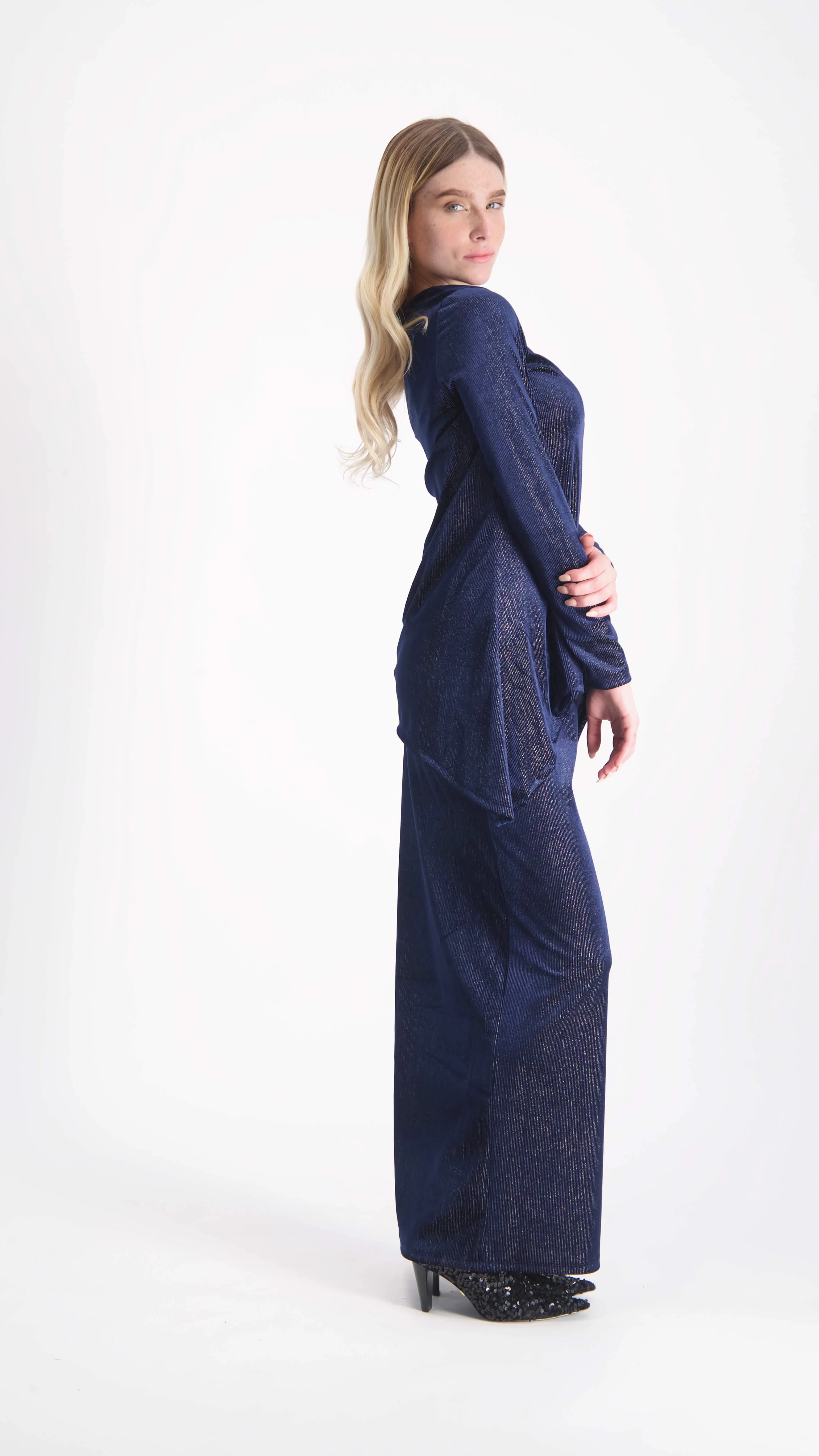 Asymmetric Ribbed Velvet Set / Navy & Silver Line