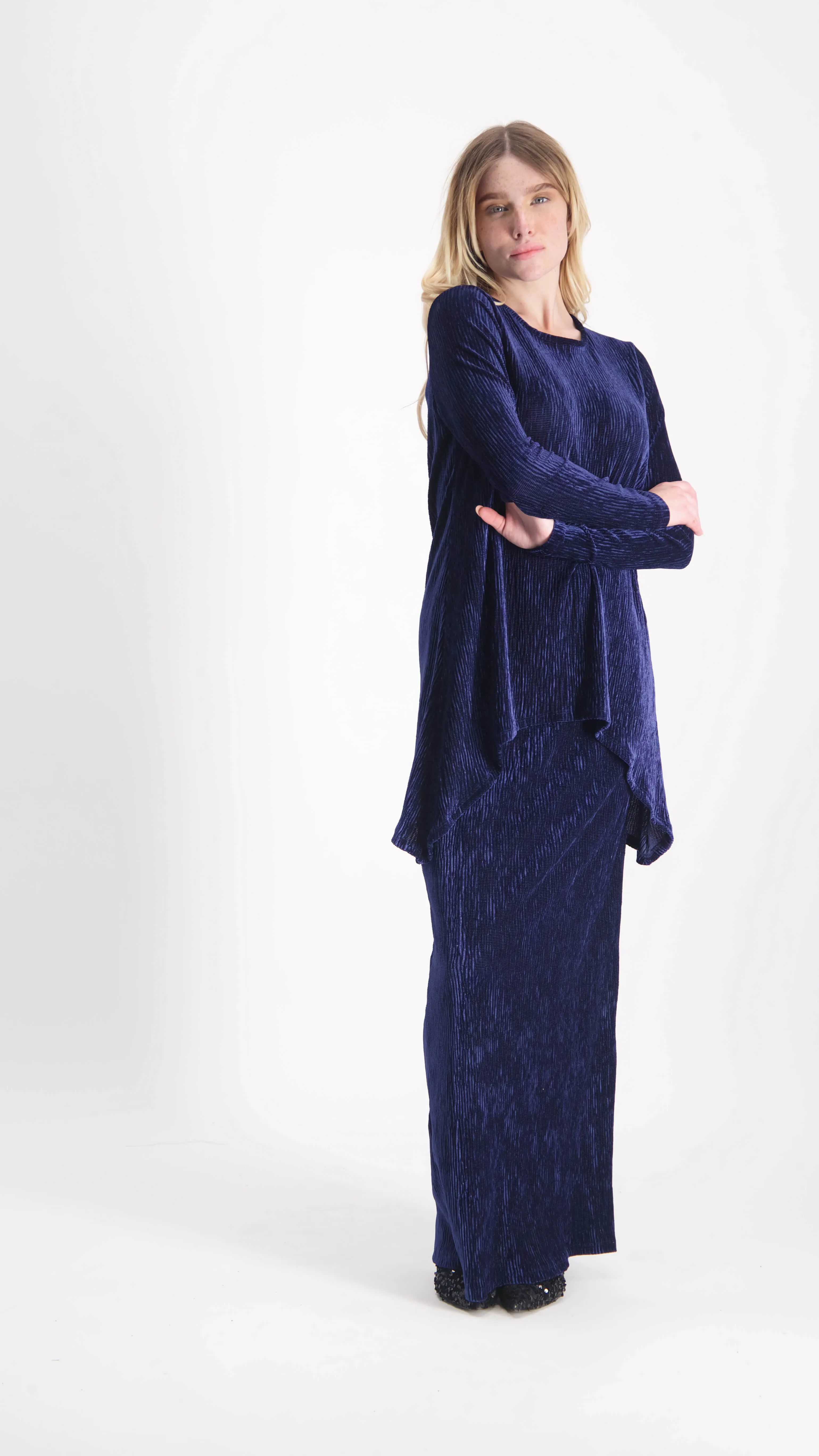 Asymmetric Ribbed Velvet Set / Navy