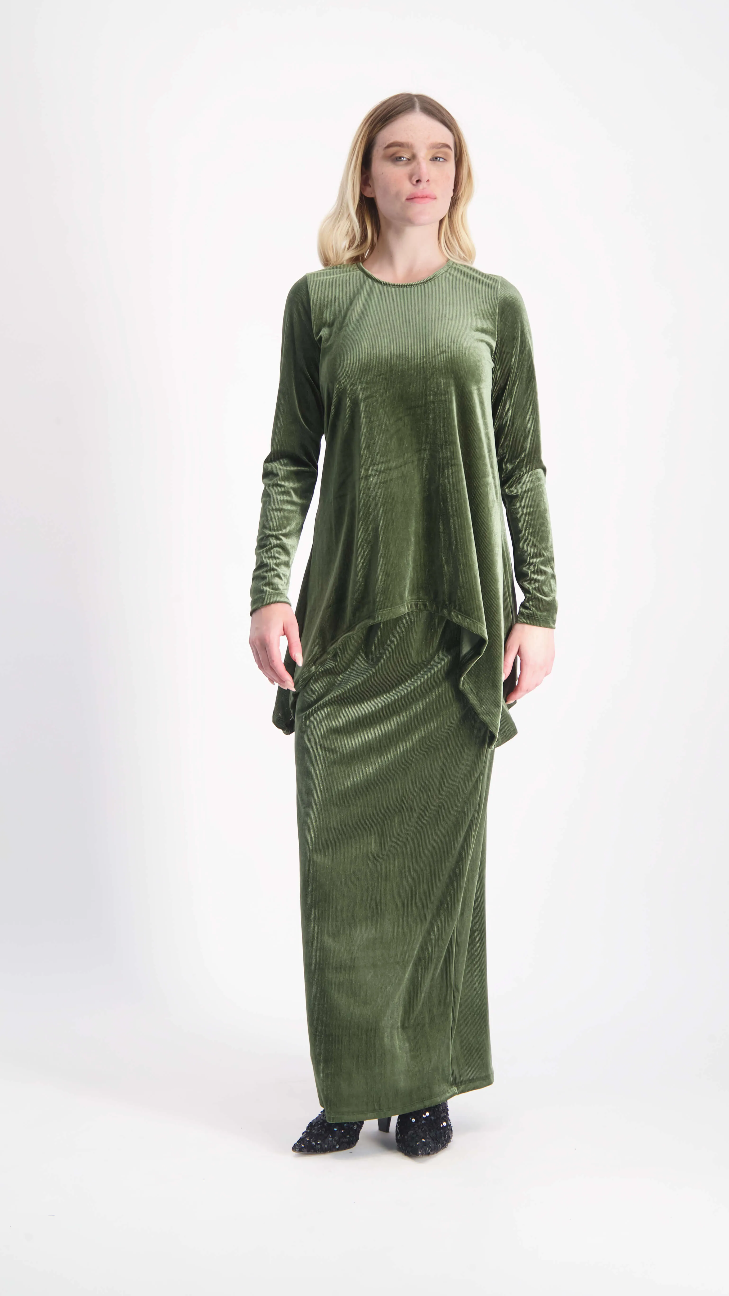 Asymmetric Ribbed Velvet Set / Olive Line