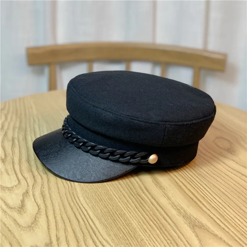 Autumn and winter hats Children's versatile chain leather brim beret woolen flat-top navy hat