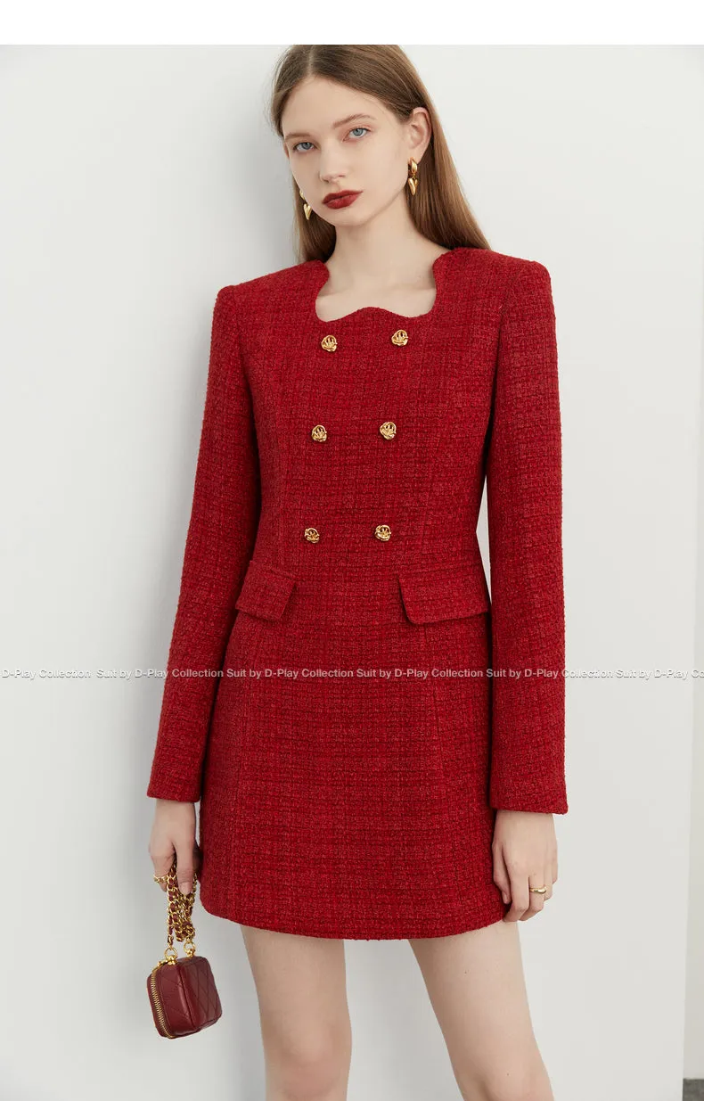 autumn winter  retro jam red irregular lace metal buckle tweed dress