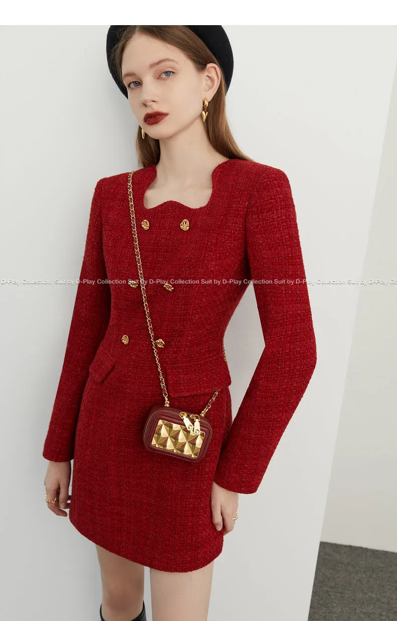 autumn winter  retro jam red irregular lace metal buckle tweed dress