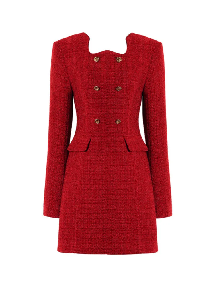 autumn winter  retro jam red irregular lace metal buckle tweed dress