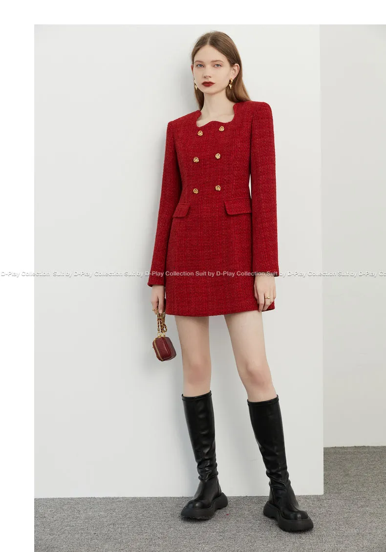 autumn winter  retro jam red irregular lace metal buckle tweed dress