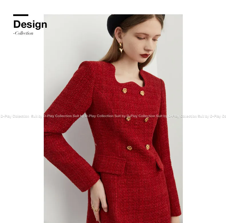 autumn winter  retro jam red irregular lace metal buckle tweed dress