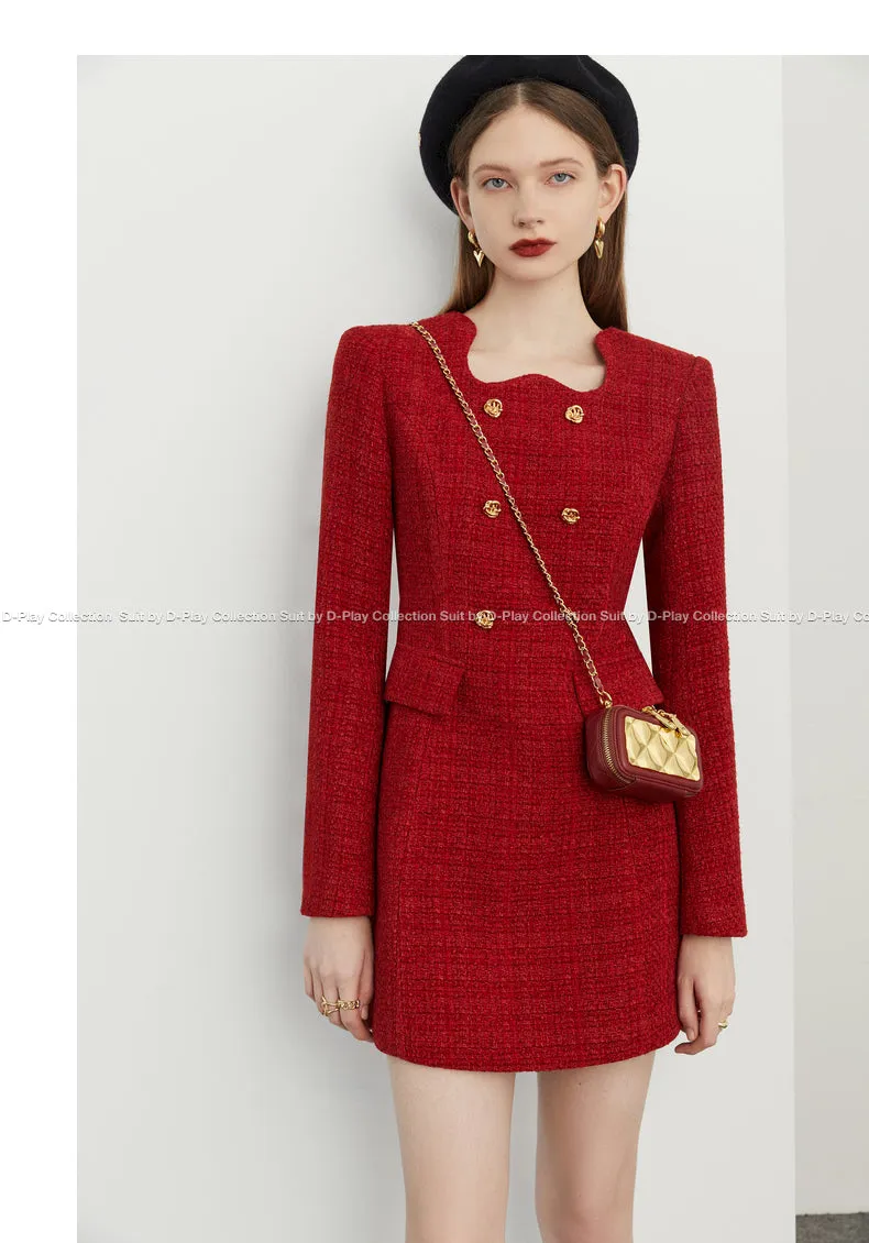 autumn winter  retro jam red irregular lace metal buckle tweed dress