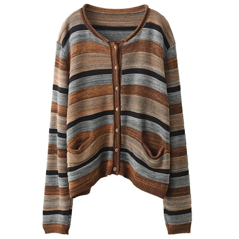 Babakud Women Winter Retro Colorful Striped Single-Breasted Patchwork Sweater