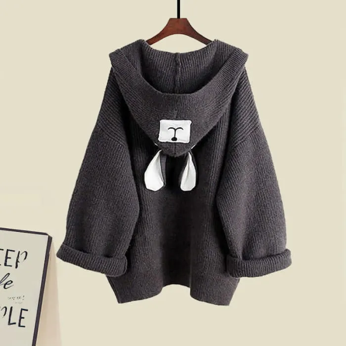 Bear Ears Hooded Cardigan Sweater Belted Lapel Dress