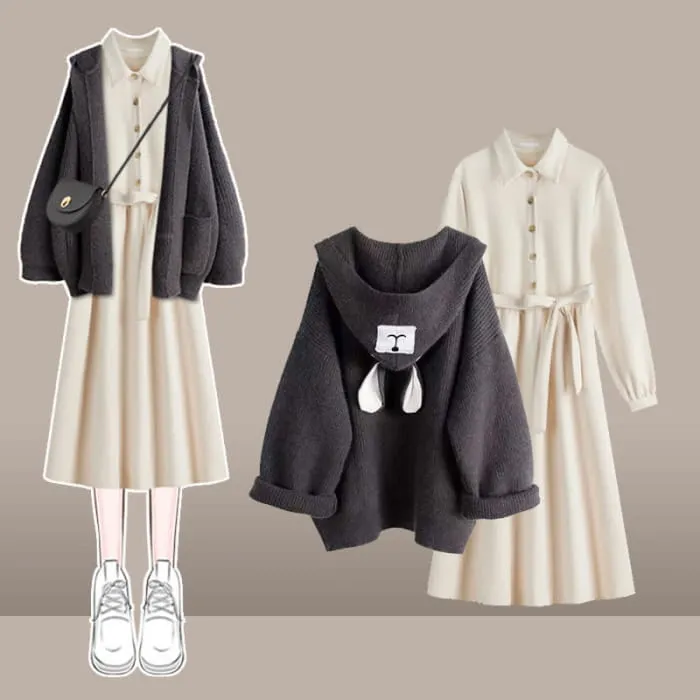 Bear Ears Hooded Cardigan Sweater Belted Lapel Dress