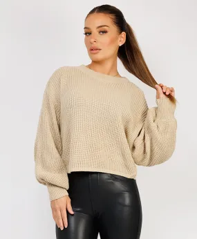 Beige Oversized Lined Knit Balloon Sleeve Jumper