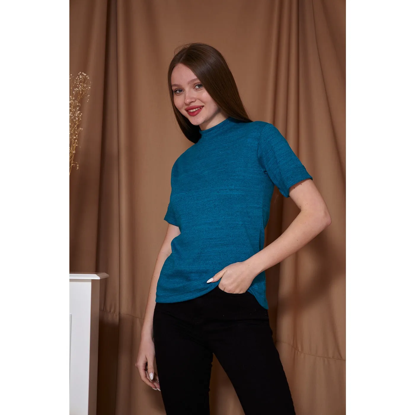 Berry Melange Mock Neck Half Sleeves