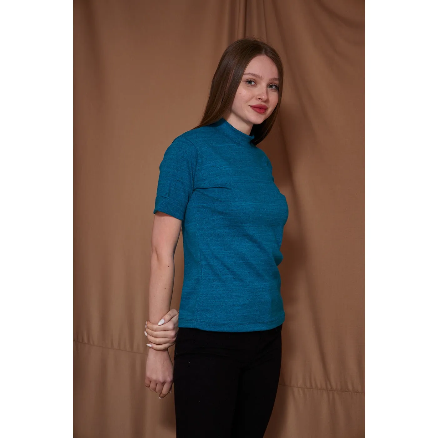 Berry Melange Mock Neck Half Sleeves