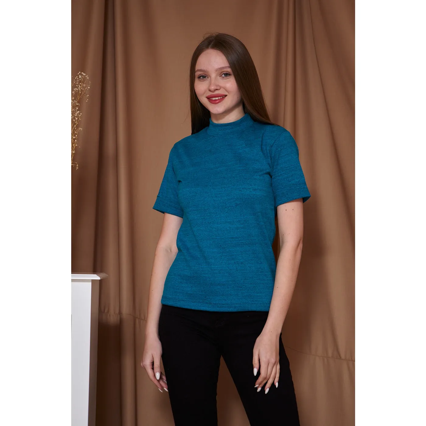 Berry Melange Mock Neck Half Sleeves