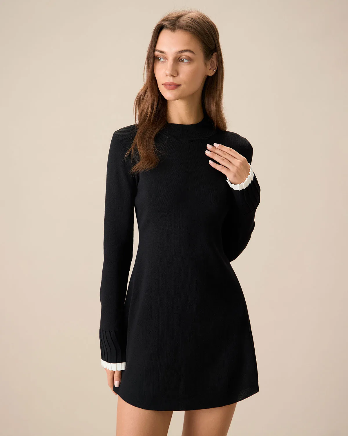 Black Contrasting Long Sleeve Sweater Mini Dress