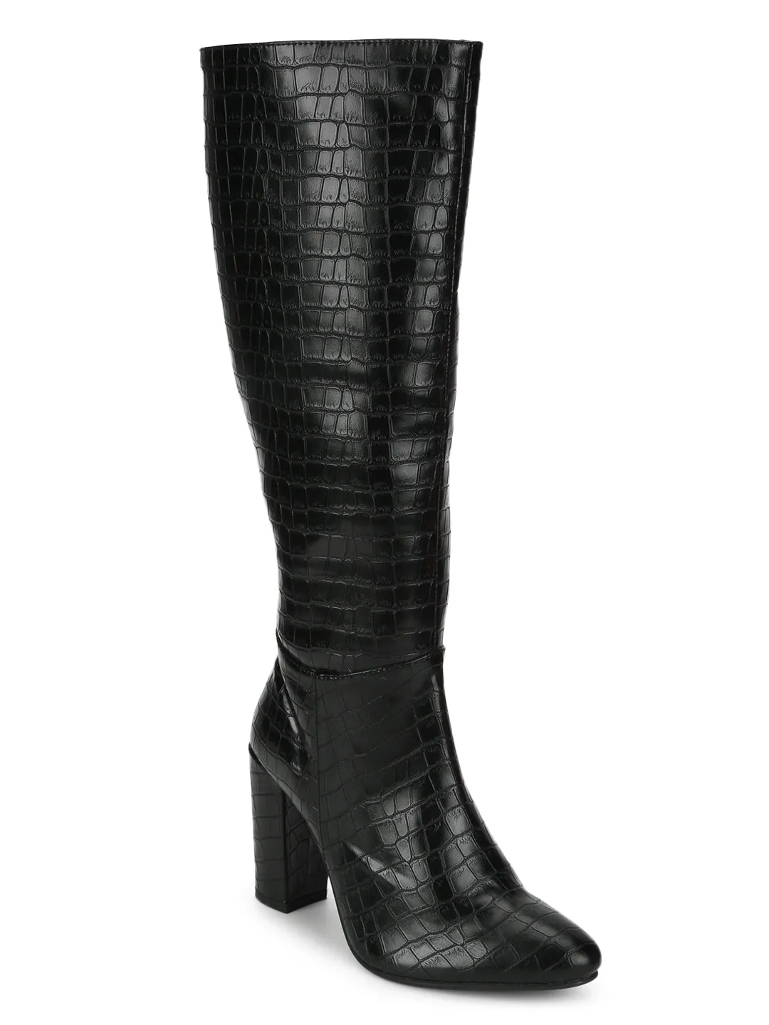 Black Croc Block Heel Knee High Boots