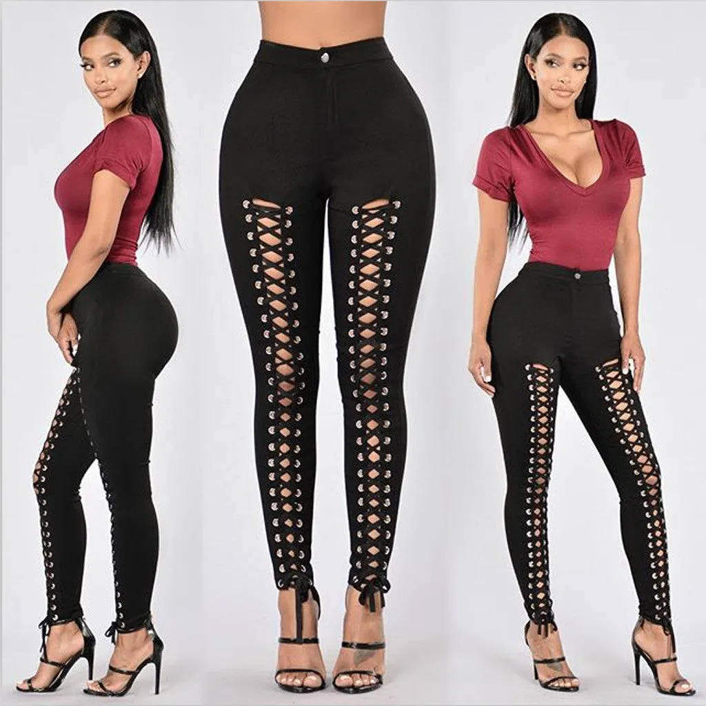 Black Hollow Out Lace Up Leg High Waist Pants