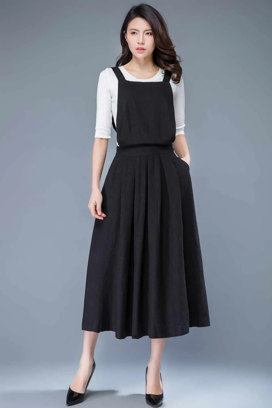 Black linen pinafore dress C1053#